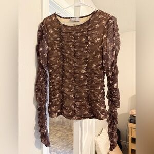 Elegant Brown Floral Ruched Blouse